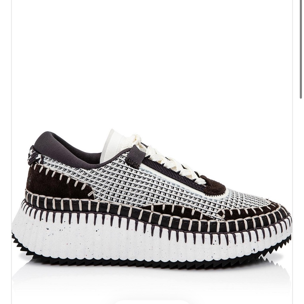 Chloe Nama Woven Stitch-Trim Platform Sneaker Size 38 White Black & Brown NIB - Picture 4 of 17